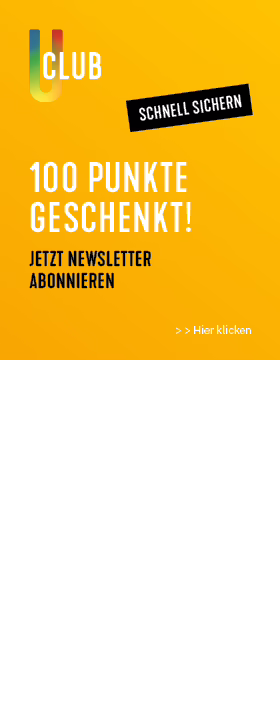 PALMANN-Gelbe Werbeanzeige für den U-Club, in der 100 Punkte geschenkt! für das Abonnieren eines Newsletters angeboten werden. Enthält die Aufschrift „Schnell sichern“ und die Aufforderung „Hier klicken“.