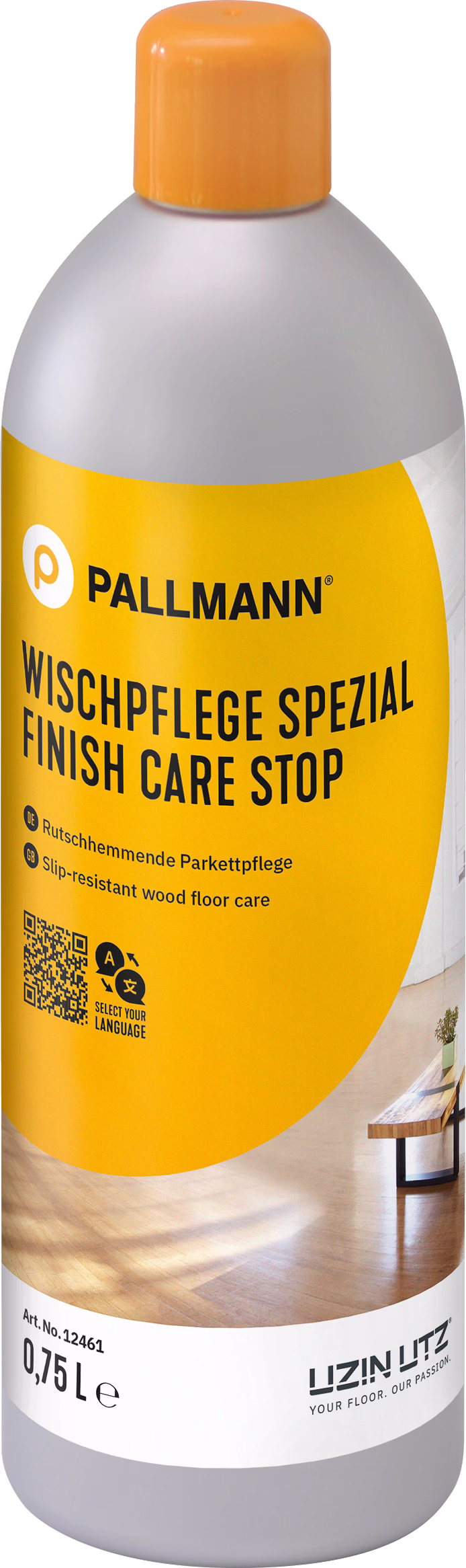 PALLMANN_dummy_FINISH-CARE-STOP_0,75l_msl_2023-05 Eine hohe Kunststoffflasche von Pallmann 'Wischpflege Spezial / Finish Care Stop', ein rutschhemmendes Parkettpflegeprodukt in einer grau‑gelben Flasche mit orangefarbener Verschlusskappe, 0,75 Liter, mit Markenlogo und Produktetikett.