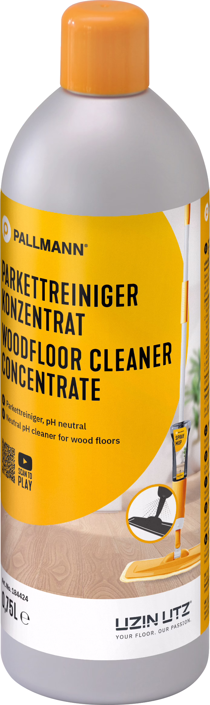 Eine hohe Kunststoffflasche mit auffälligem orange-gelbem Etikett, die ein Parkettreiniger-Konzentrat enthält. Oben auf dem Etikett steht deutlich die Marke 'PALLMANN'; große schwarze Schrift zeigt 'PARKETTREINIGER KONZENTRAT / WOODFLOOR CLEANER CONCENTRATE'. Auf dem Etikett ist eine Spray-Mopp-Illustration und ein Symbol für pH-Neutralität zu sehen. Die Füllmenge '0,75 L' ist am unteren Rand sichtbar. Ein QR-Code und kleine Anwendungspiktogramme sind ebenfalls vorhanden; die Verpackung hat einen orangefarbenen Schraubverschluss und einen glatten, grauen Flaschenhals. Das Produkt wird als konzentriertes, pH-neutrales Reinigungsmittel für Holzböden präsentiert, das vor der Anwendung verdünnt werden muss; das Design betont moderne, klare Gestaltung und deutliche Anwendungshinweise für die Mop-Anwendung.