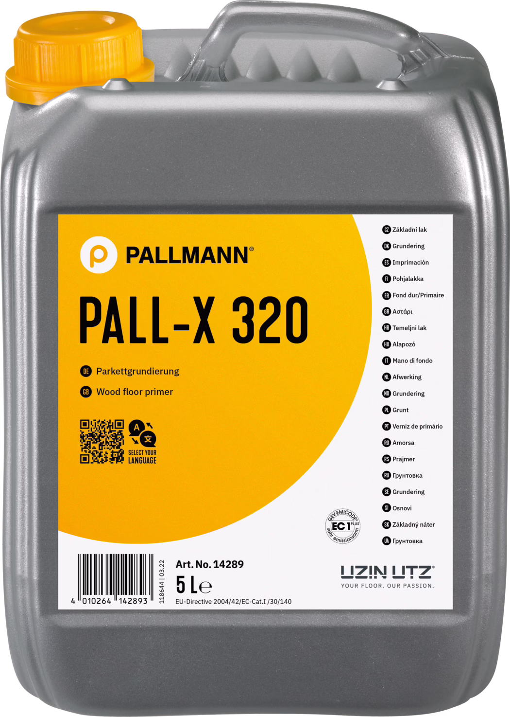PALLMANN_dummy_Pall-X-320_5l_msl_2021-12 Vorderansicht eines silbernen 5-Liter-Kunststoffkanisters mit orangem Schraubverschluss und rechteckigem orangefarbenem Etikett. Auf dem Etikett sind die Marke PALLMANN und die Produktbezeichnung PALL-X 320 in großen schwarzen Lettern hervorgehoben; das Produkt ist als Parkettgrundierung gekennzeichnet. Sichtbar sind Artikelnummer 14289, ein Strichcode, mehrsprachige Produktbezeichnungen am rechten Rand, Prüf- und Zertifikatszeichen sowie das Herstellerlogo UZIN UTZ. Der Kanister hat einen integrierten Tragegriff oben und eine leicht strukturierte Oberfläche; das Bild zeigt die Verpackung vor weißem Hintergrund mit Fokus auf Etiketteninformationen.