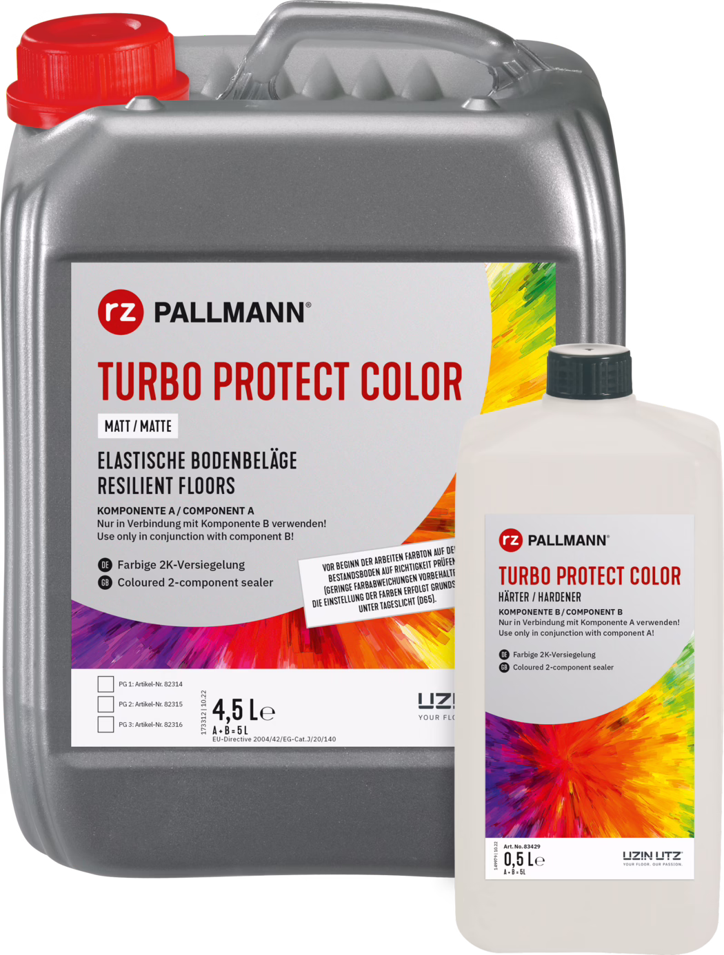 Zwei überlappende graue Kunststoffkanister mit der Aufschrift 'rz PALLMANN TURBO PROTECT COLOR'. Der größere 4,5‑L‑Kanister mit roter Schraubkappe ist mit 'Matt / Matte' und 'Elastische Bodenbeläge' (Komponente A) gekennzeichnet. Eine kleinere 0,5‑L‑Flasche (Komponente B, Härter) überlappt die Vorderseite. Beide Etiketten zeigen lebhafte, mehrfarbige Pinselstrich-Grafiken. Produkt: farbige 2‑Komponenten‑Versiegelung für elastische Böden.