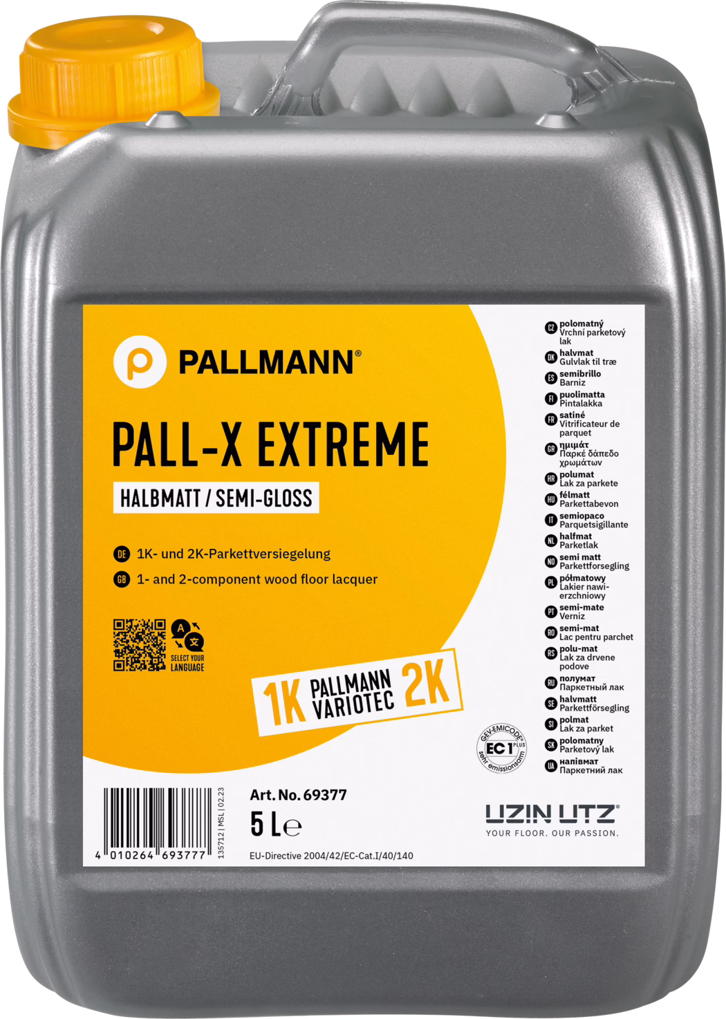 PALLMANN_dummy_Pall-X-Extreme_5,5l_msl_2023-07 Grauem 5‑Liter Kunststoffkanister mit orange‑gelbem Etikett und gelbem Verschluss: Pallmann PALL‑X EXTREME halbmatte Parkettversiegelung, 1K/2K, Hersteller Uzin Utz; Etikett nennt Produktnamen, Glanzgrad, Volumen und Anwendungshinweise.