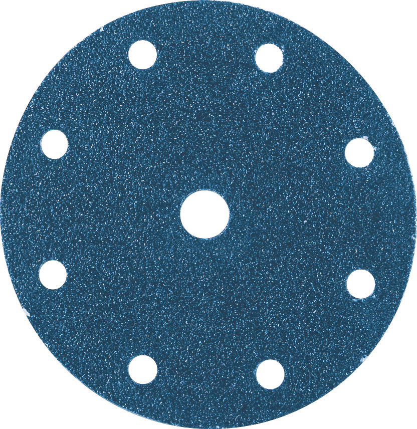 PALLMANN_dummy_zircon-velcro-disc-150mm-8-hole_msl_2021-12 Nahaufnahme einer runden, blauen Schleifscheibe auf weißem Hintergrund. Die Scheibe besitzt eine grobe, leicht glänzende Körnung und insgesamt neun runde Ausstanzungen — ein größeres zentrales Loch und acht kleinere, gleichmäßig verteilte Randlöcher — wie sie für Staubabsaugung bei Exzenterschleifern üblich sind. Die flache Scheibe wirkt sauber und intakt; die metallisch tiefblaue Farbe betont die Schleifkörner und leichte Lichtreflexe auf der Oberfläche. Das Produkt ist zentriert und isoliert dargestellt, gut geeignet zur Produktbeschreibung und für E‑Commerce-Aufnahmen.