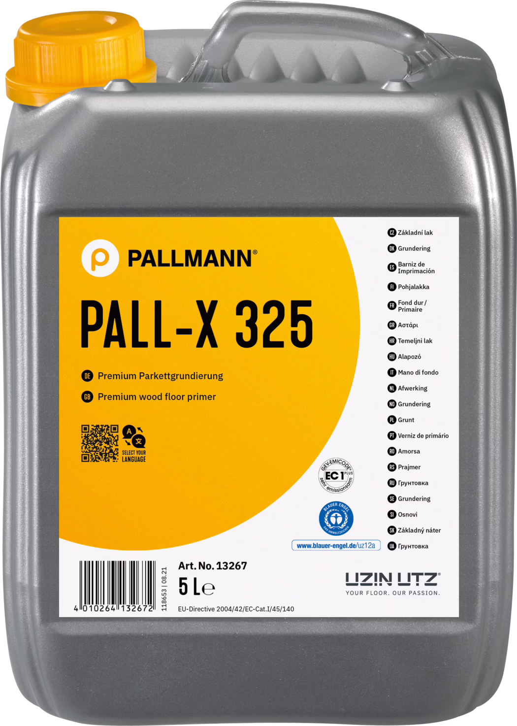 PALLMANN_dummy_Pall-X-325_5l_msl_2021-12 Grauer Kunststoffkanister (5 l) mit großem gelbem Etikett 'PALL-X 325', einer Premium-Grundierung für Holzfußböden von Pallmann; oranger Schraubverschluss und Produktinformationen auf dem Etikett.