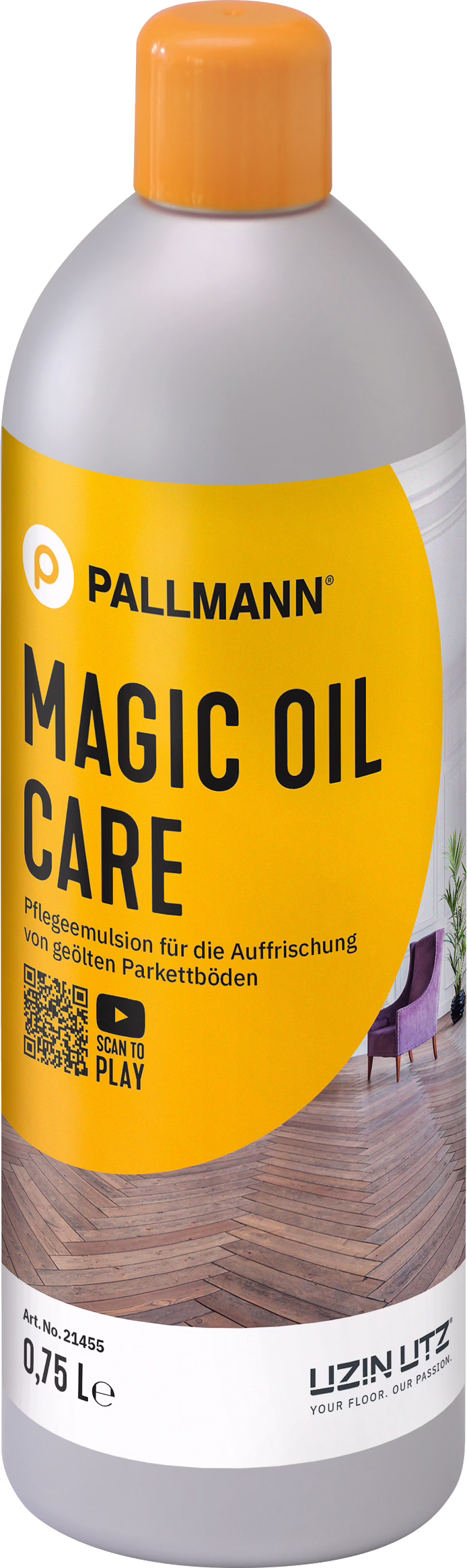 PALLMANN_dummy_MAGIC-OIL-CARE_0,75l_msl_2021-12 Eine Flasche Pallmann Magic Oil Care, eine Pflegeemulsion zur Auffrischung von geölten Parkettböden, mit einem gelben Etikett, das Produktinformationen und einen QR-Code enthält.