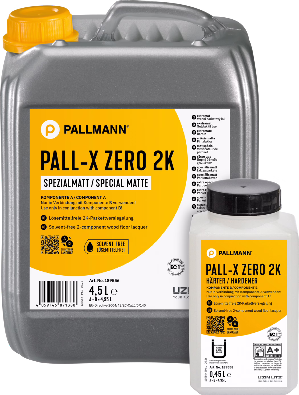 PALLMANN_dummy_Pall-X-Zero-2K_spezialmatt_composing_4,95l_msl_2026-05 Nahaufnahme von zwei Kunststoffbehältern des Parkettlacks Pallmann PALL-X ZERO 2K: ein großer grauer Kanister mit orangefarbener Etikette 'PALL-X ZERO 2K SPEZIALMATT' und ein kleiner weißer Härterbehälter mit schwarzem Schraubverschluss und passendem orangefarbenem Etikett; der graue Kanister zeigt einen gelben Schraubverschluss, die Angabe 4,5 L sowie mehrsprachige Hinweise, ein Lösemittelfrei-Symbol, einen QR-Code und Produktnummern; die Behälter sind vor weißem Hintergrund angeschnitten abgebildet.