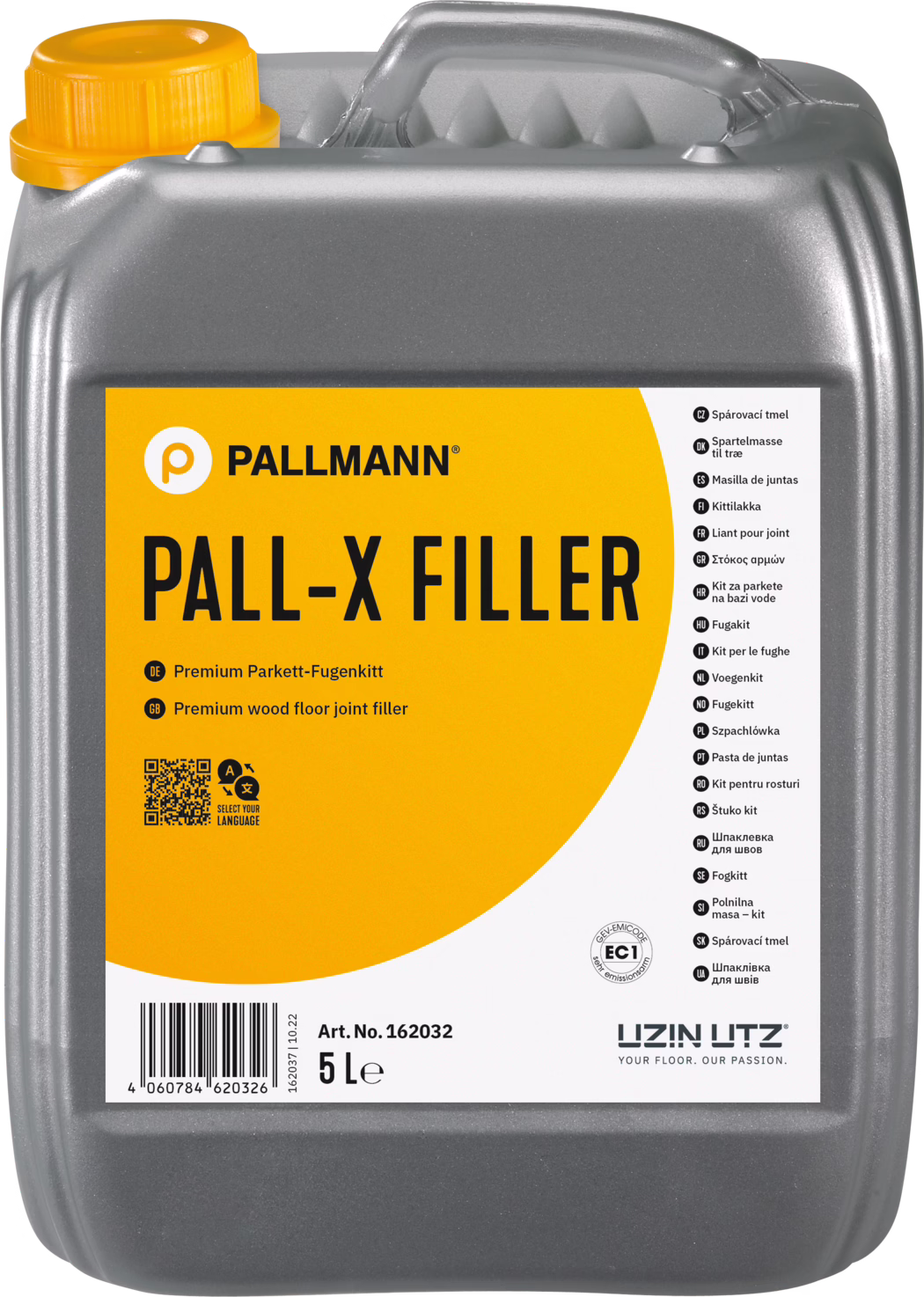 PALLMANN_dummy_Pall-X-Filler_5l_msl_2021-12 Grauer Kunststoffkanister mit 5 Litern Inhalt der Marke Pallmann: 'PALL‑X FILLER' Parkett-Fugenkitt. Auffälliges orangefarbenes Etikett und passender oranger Schraubverschluss. Auf dem Frontetikett sind das PALLMANN-Logo, der große Produktname 'PALL‑X FILLER', die Beschreibung 'Premium Parkett-Fugenkitt', ein QR-Code, ein Strichcode, die Artikelnummer 162032 und die Angabe '5 L' abgebildet. Rechts auf dem Etikett sind Übersetzungen des Produktnamens in mehreren Sprachen aufgelistet. Der Kanister verfügt über einen eingeformten Griff oben und eine strukturierte graue Oberfläche mit abgerundeten Kanten, geeignet zur Aufbewahrung und Anwendung bei Parkett- und Holzfußbodenreparaturen.