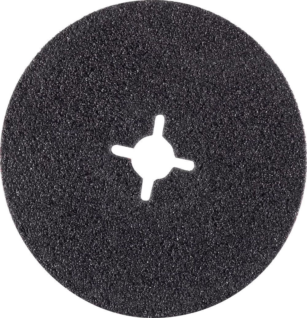 PALLMANN_dummy_silicium-carbid-velcro-disc-178mm-with-hole_msl_2021-12 Makroaufnahme einer runden, schwarzen Schleifscheibe mit rauer, körniger Schleifoberfläche. Die Scheibe ist zentriert vor weißem Hintergrund und besitzt eine charakteristische sternförmige Mittelbohrung mit mehreren Nasen zur Schnellbefestigung an Multitool- oder Rotationsadaptern. Die abrasive Beschichtung bedeckt die gesamte Vorderseite, wirkt matt-körnig und leicht reflektierend; die Kanten sind gleichmäßig, die Scheibe erscheint unbenutzt und unbeschädigt.