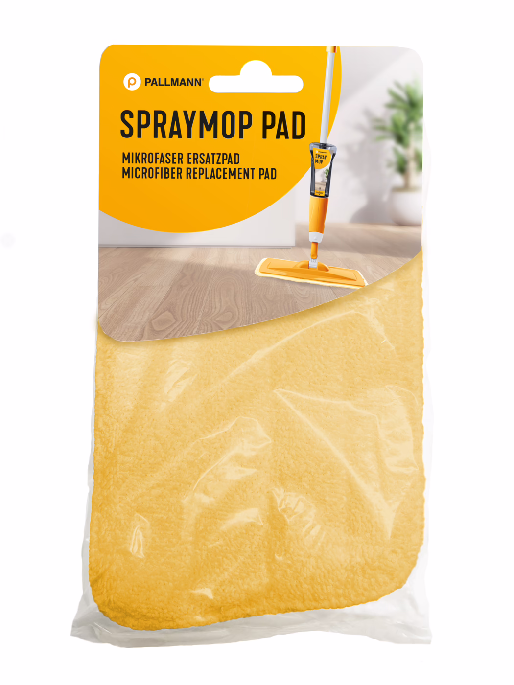 PALLMANN_Dummy_Spraymop Ersatz Pad_msl_2025_04 Im Handel verpacktes gelbes Mikrofaser-Ersatzpad für einen Spraymop der Marke Pallmann. Der orange-weiße Verpackungskopf zeigt den Schriftzug 'SPRAYMOP PAD' und eine Abbildung eines orangefarbenen Spraymops auf einem Holzboden; das gelbe Mikrofaserpad ist durch die transparente Folie sichtbar. Heller, sauberer Innenraum mit einer unscharfen Topfpflanze im Hintergrund.