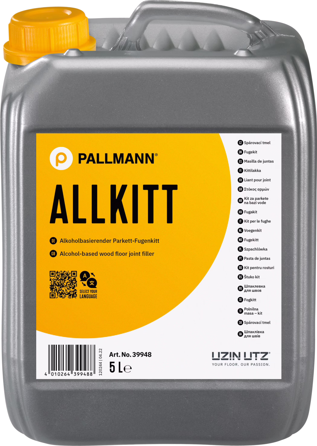 PALLMANN_dummy_Allkitt_5l_msl_2022-08 Ein metallisch-grauer 5-Liter-Kunststoffkanister mit einem auffälligen orangefarbenen Etikett mit der Aufschrift 'ALLKITT' und dem Pallmann-Logo. Oben links befindet sich ein gelber Schraubverschluss, oben ein integrierter Tragegriff und auf der Schulter sind geprägte Rippen. Das Etikett zeigt Produktinformationen in mehreren Sprachen, einen QR‑Code, einen Barcode, die Artikelnummer 'Art. No. 39948' und das Volumen '5 L'. Das Produkt wird als alkoholbasierter Parkett-Fugenkitt beschrieben. Rechts auf dem Etikett sind Übersetzungen in vielen Sprachen aufgeführt, unten rechts ist das UZIN UTZ-Logo zu sehen. Die Oberfläche des Kanisters hat eine leicht strukturierte, metallische Optik und abgerundete Ecken.