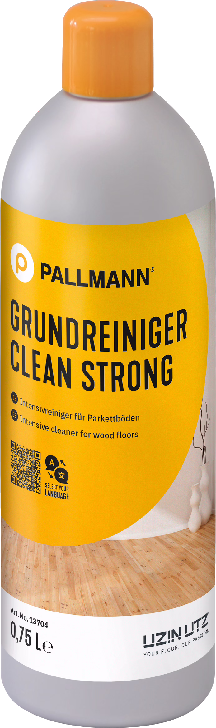PALLMANN_dummy_CLEAN-STRONG_0,75l_msl_2021-12 Eine hohe Kunststoffflasche mit orangefarbenem Schraubverschluss und einem auffälligen gelben Etikett mit dem Markennamen PALLMANN und dem Produktnamen GRUNDREINIGER CLEAN STRONG. Die Flasche enthält 0,75 L Intensivreiniger für Holz- und Parkettböden. Das Etikett zeigt große schwarze Typografie, einen QR‑Code, kleine Piktogramme und ein Foto eines hellen Holzparketts; unten ist das Logo UZIN UTZ mit dem Slogan 'YOUR FLOOR. OUR PASSION.' zu sehen. Der Behälter hat eine abgerundete Schulter und einen grauen Kunststoffkörper und vermittelt den Eindruck eines professionellen Produkts zur Tiefenreinigung und Entfernung hartnäckiger Verschmutzungen von Holzböden.