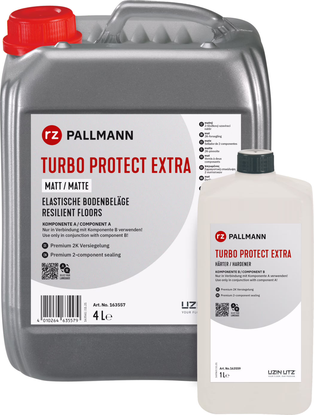PALLMANN_RZ_dummy_Turbo-Protect-Extra_matt_5l_zudem_2021-12 Nahaufnahme von zwei Kunststoffgebinden des Bodenpflegeprodukts „Pallmann Turbo Protect Extra“. Links ein großer metallic-grauer 4-L-Kanister mit integriertem Griff und rotem Schraubverschluss; das weiße Etikett zeigt das rote „rz“-Logo, den fett gedruckten Produktnamen, die Bezeichnung „MATT / MATTE“, mehrsprachige Hinweise sowie Barcode und QR-Code. Rechts vorne befindet sich eine kleinere weiße 1-L-Flasche mit schwarzem Verschluss, beschriftet als Härter/Komponente B. Die Aufnahme auf weißem Hintergrund betont Verpackungsdetails, Beschriftungen und Verschlussfarben zur einfachen Identifikation.