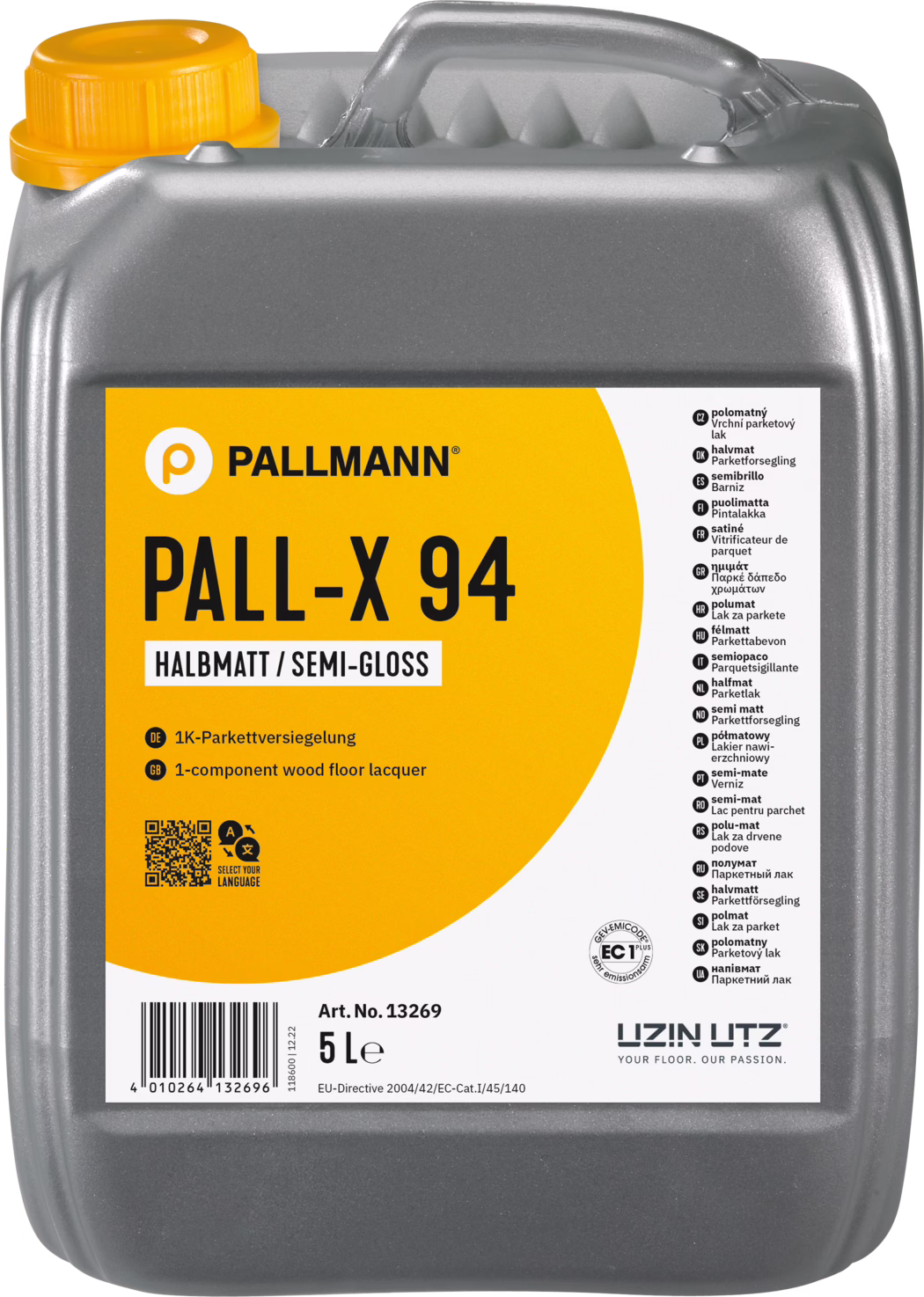 Foto eines 5-Liter-grauen Plastikkanisters mit PALLMANN PALL-X 94 Halbglanz-Parkettlack. Das auffällige orange-weiße Frontetikett zeigt das PALLMANN-Logo, den Produktnamen 'PALL-X 94', die Angabe 'HALBMATT / SEMI-GLOSS', eine Kurzbeschreibung '1K-Parkettversiegelung / 1-component wood floor lacquer', einen Barcode und die Artikelnummer Art. No. 13269. Der Behälter besitzt eine orange Schraubkappe, einen geformten Tragegriff sowie Prüfzeichen; das Etikett enthält außerdem mehrsprachige Produktinformationen und das UZIN UTZ-Logo. Die Aufnahme zeigt den Kanister in Vorderansicht vor weißem Hintergrund.