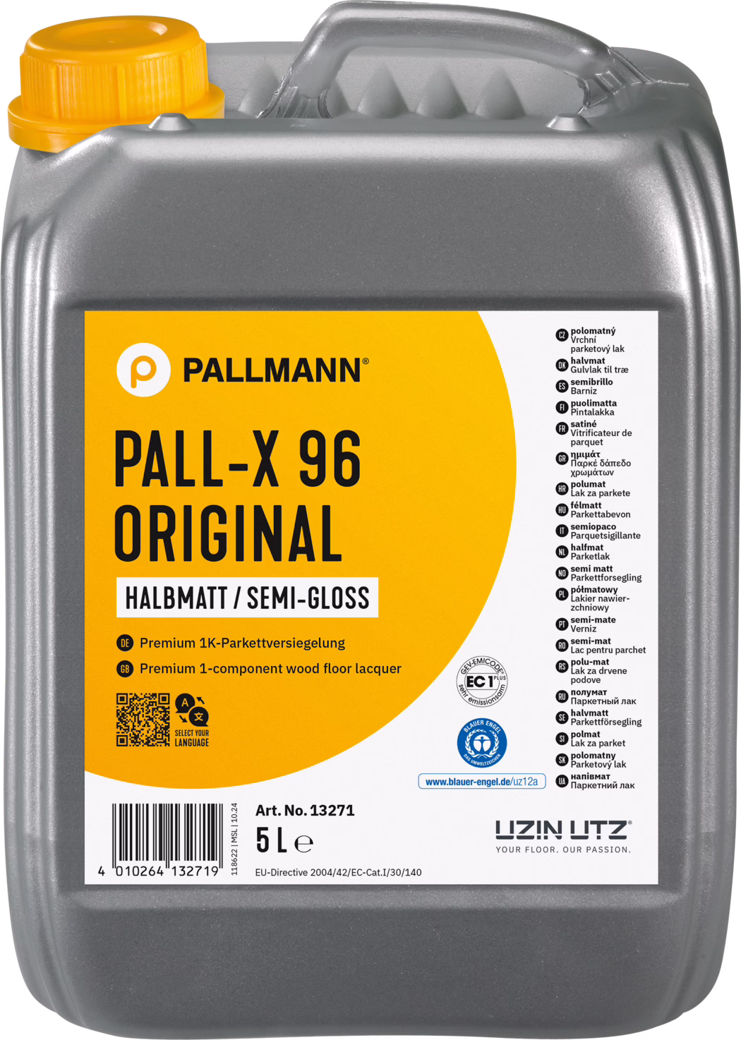 Grauer Kunststoffkanister mit 5 Litern Inhalt der Marke Pallmann: PALL-X 96 Original, halbmatte Parkettversiegelung. Der rechteckige Behälter besitzt einen oberen Tragegriff und einen gelben Schraubverschluss; das Etikett ist orange mit großem schwarzen Schriftzug 'PALL-X 96 ORIGINAL' und einem weißen Bereich mit mehrsprachigen Produktinformationen und Prüfzeichen (u. a. Blauer Engel). Aufdrucke zeigen 'Halbmatt / Semi-Gloss', 'Premium 1-component wood floor lacquer', Artikelnummer 13271, Barcode und '5 L'. Entwickelt zum Schutz und Finish von Holzfußböden; einkomponentiger, wasserbasierter Lack für Profi und Heimwerker. Oberfläche und Form des Gebindes zeigen typische Herstellungsstrukturen; geeignet für Auftrag mit Pinsel, Rolle oder Maschine.