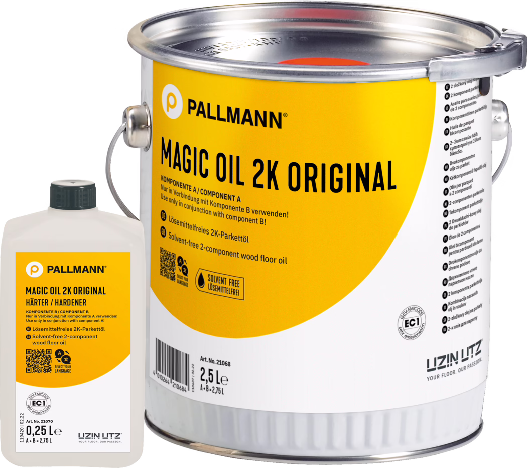 Nahaufnahme einer gelb gekennzeichneten Metalldose PALLMANN Magic Oil 2K Original Parkettöl (2,5 L) mit einer kleinen weißen Härterflasche (0,25 L) daneben; das Etikett zeigt Markenlogo, Produktnamen, Gebrauchshinweise und ein Symbol für 'lösungsmittelfrei'; Metallbügel und verschlossener Deckel sind sichtbar; Produktfoto vor weißem Hintergrund.
