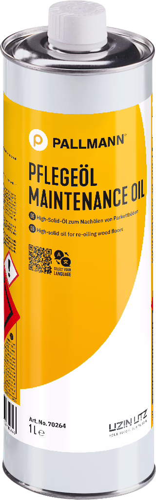 Ein hoher 1-Liter-Metalldose von Pallmann mit leuchtend gelbem Etikett und weißem Schraubverschluss. Das Etikett zeigt deutlich den Markennamen 'PALLMANN' und den Produktnamen 'PFLEGEÖL / MAINTENANCE OIL' sowie kleinere Hinweise in Deutsch und Englisch, die das Produkt als High-Solid-Öl zum Nachölen von Holz- und Parkettböden beschreiben. Die zylindrische Dose hat silberne Ober- und Unterkanten, sichtbare Produktkennzeichnung, einen QR-Code und ein rotes Gefahrensymbol an der Seite.