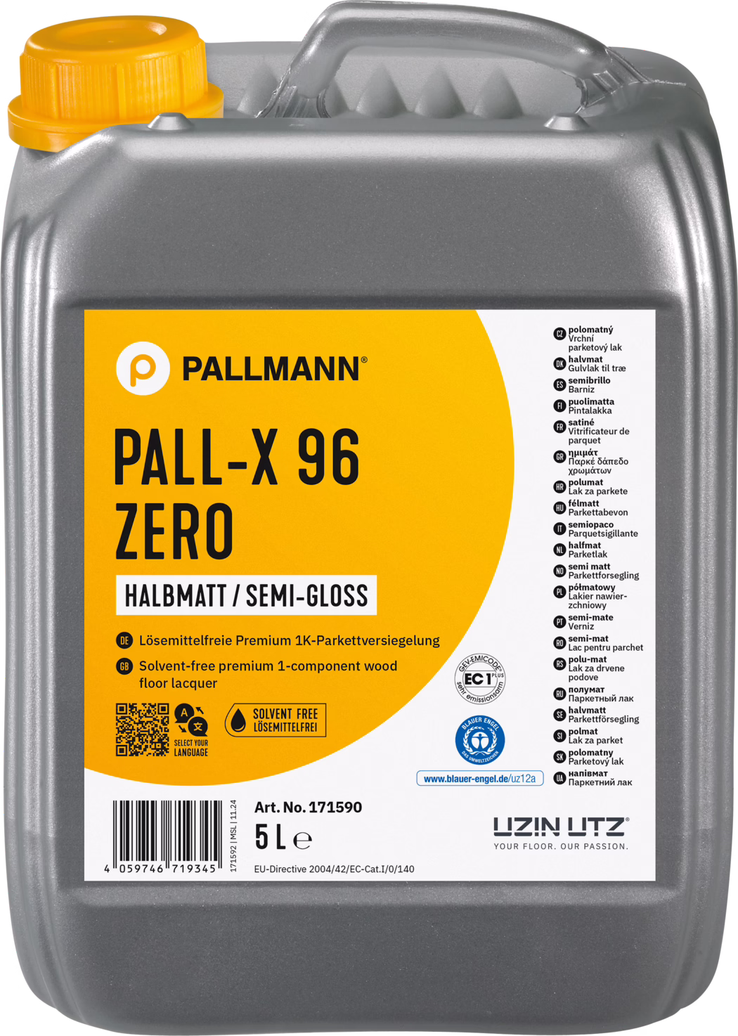 Frontalansicht eines 5‑Liter‑Kunststoffkanisters in grauer Farbe mit Pallmann PALL‑X 96 ZERO Parkettlack. Der rechteckige Behälter verfügt über einen integrierten Tragegriff oben und einen gelben Schraubverschluss; ein großes orange‑weißes Etikett bedeckt den größten Teil der Vorderseite. Auf dem Etikett sind deutlich das PALLMANN‑Logo, die Produktbezeichnung 'PALL‑X 96 ZERO', die Finish‑Angabe 'HALBMATT / SEMI‑GLOSS' sowie Symbole und Kleingedrucktes mit dem Hinweis 'lösungsmittelfrei', Prüfzeichen und ein Barcode zu sehen. Das Bild zeigt Verpackungsdetails und gut lesbare Typografie und vermittelt, dass es sich um einen lösungsmittelfreien, einkomponentigen Halbglanzlack für Holzböden handelt.