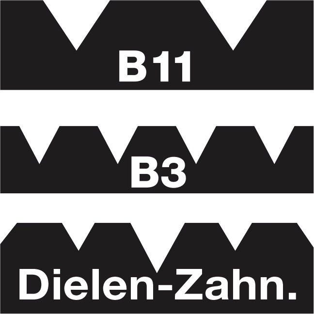 Kontrastreiche Grafik mit drei übereinander angeordneten schwarzen Sägezahn‑Streifen auf weißem Hintergrund; oben mit der Beschriftung "B11", in der Mitte "B3" und unten "Dielen-Zahn."